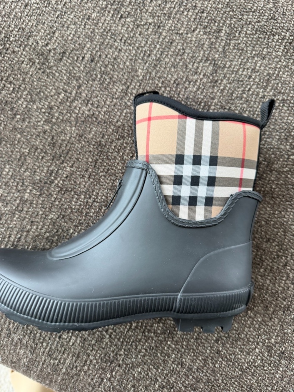 Burberry Black Rubber Ankle Rain Boots with Classic Nova Check